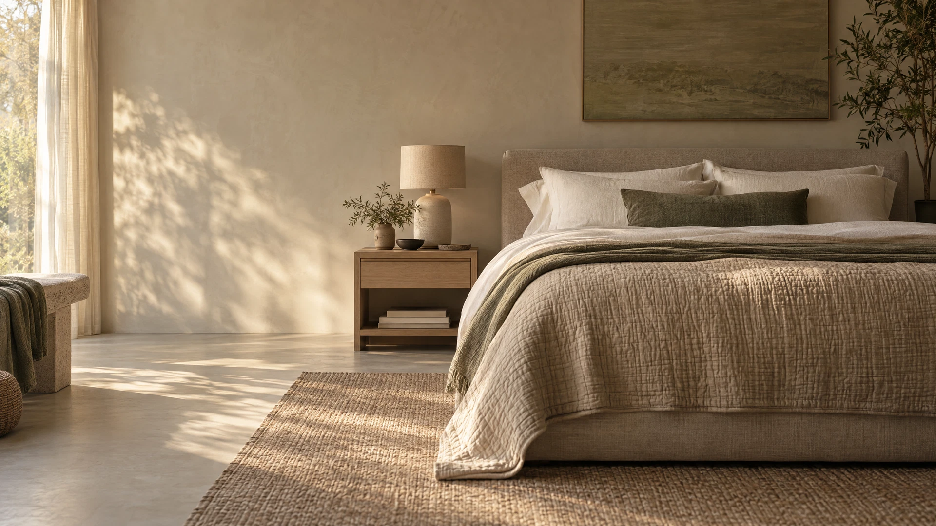 A beautifully made bed in a softly lit, natural-toned bedroom.