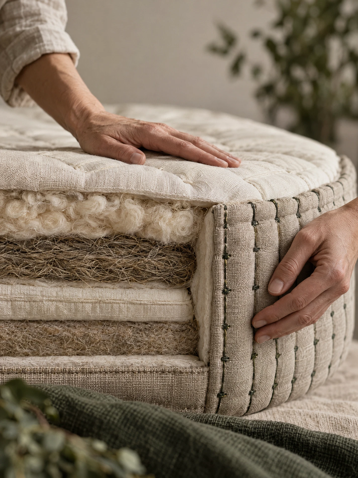 Close-up of hand-finished mattress stitching and natural fibres.