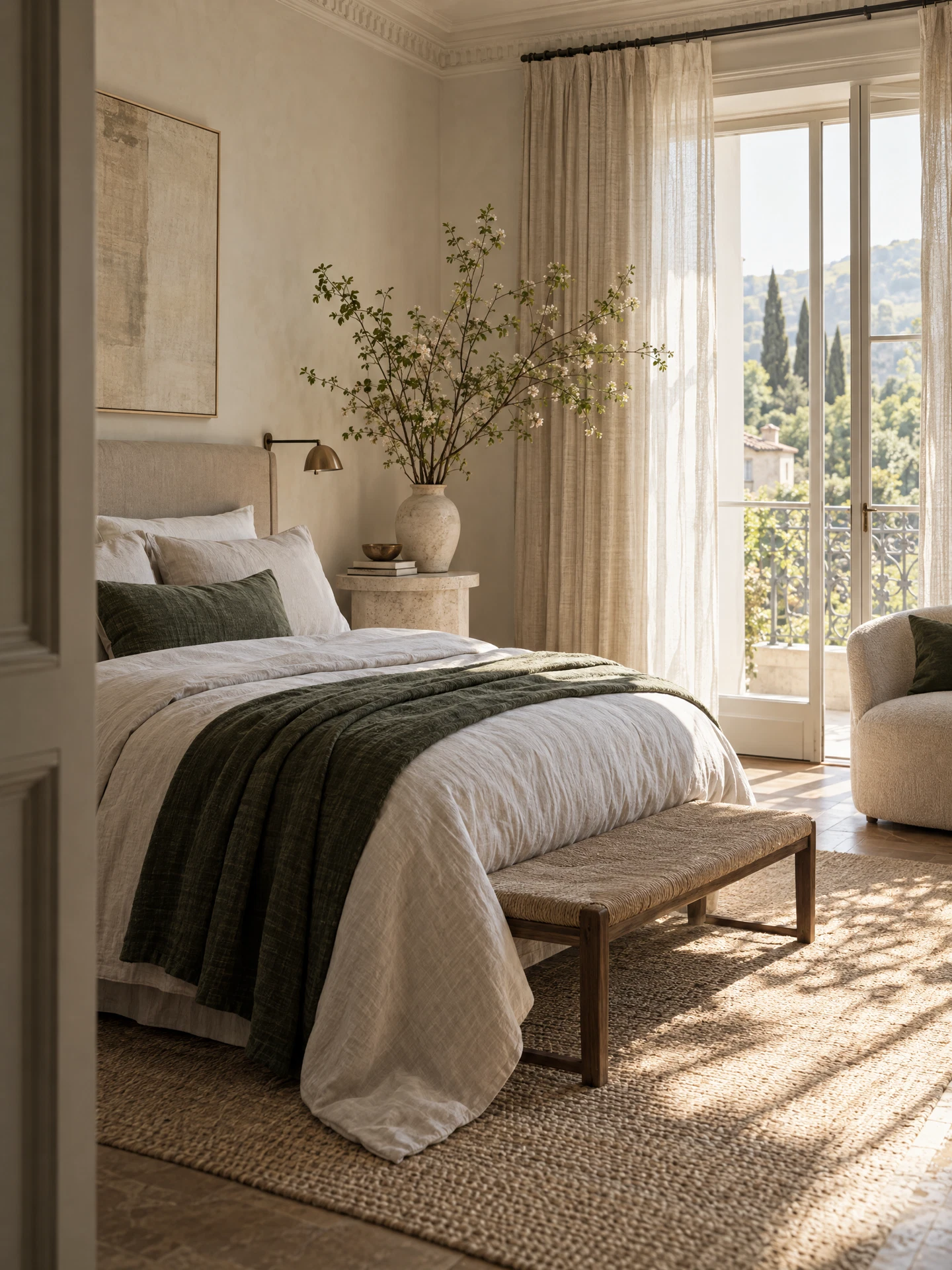 A serene bedroom with soft morning sunlight and natural linens.