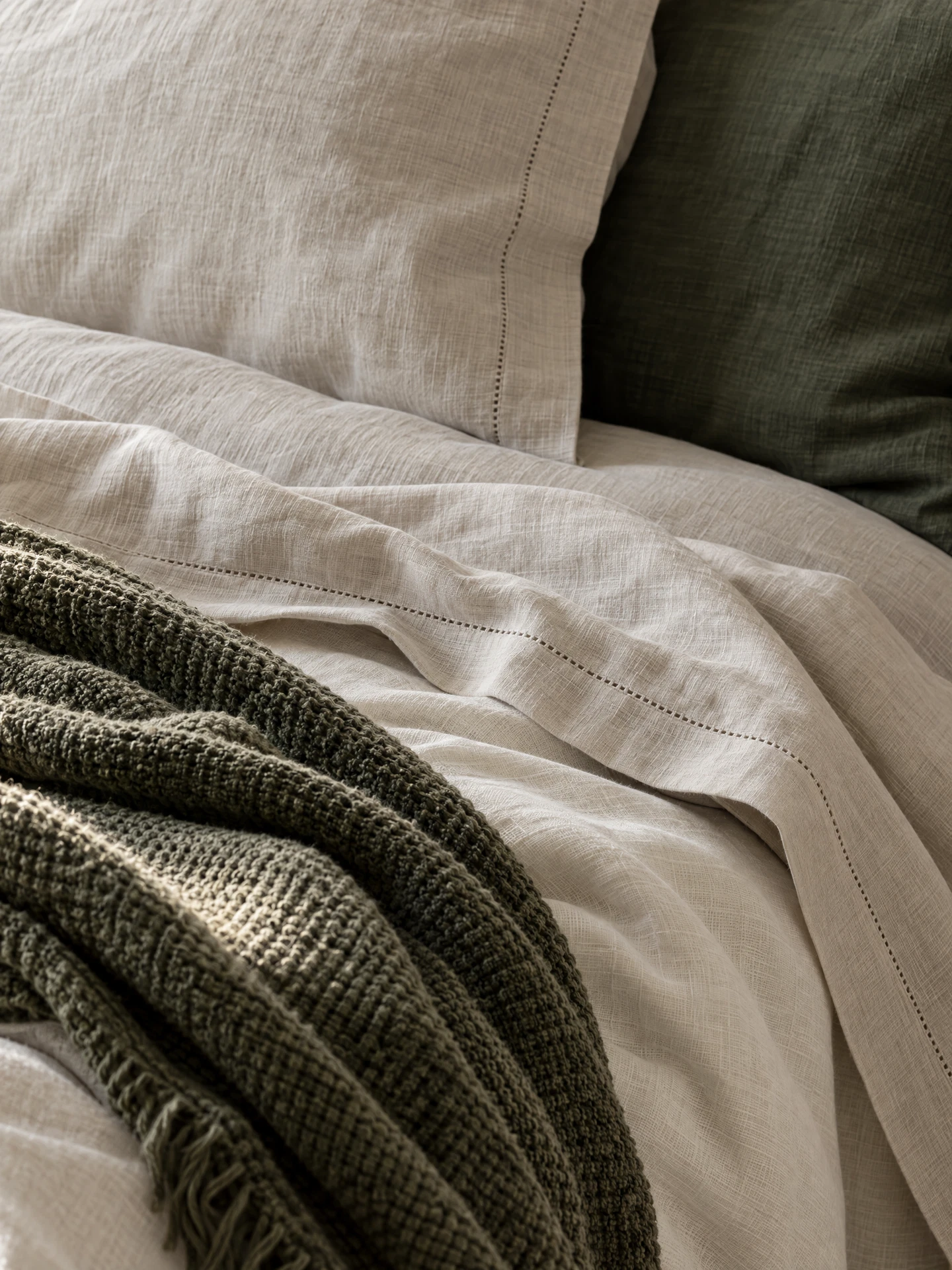 Premium linen bedding and a woven blanket in warm neutral tones.
